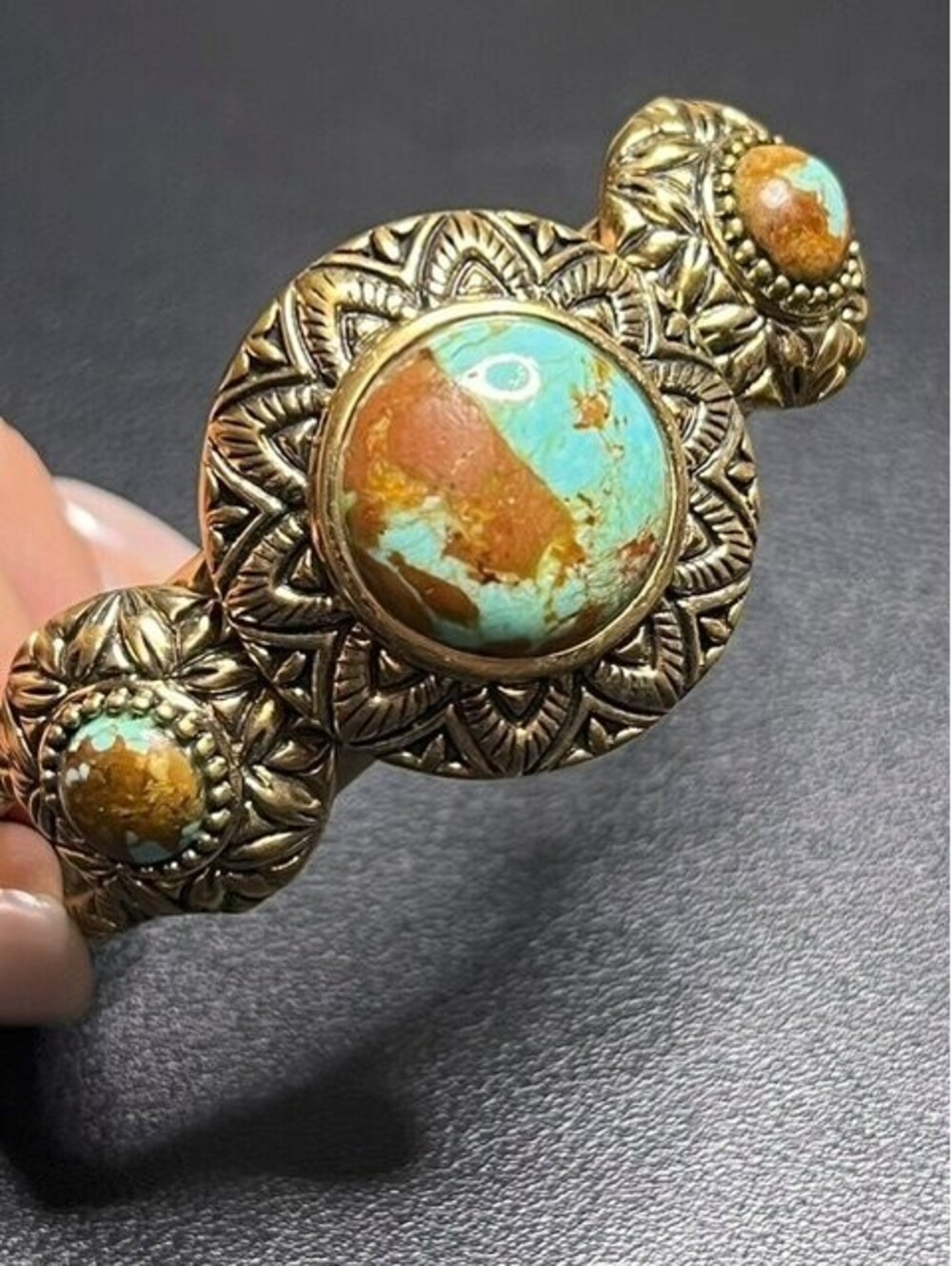 B6469 Barse Turquoise Cuff Bracelet Bronze Etched Boho Mandala Jewelry 7.25"